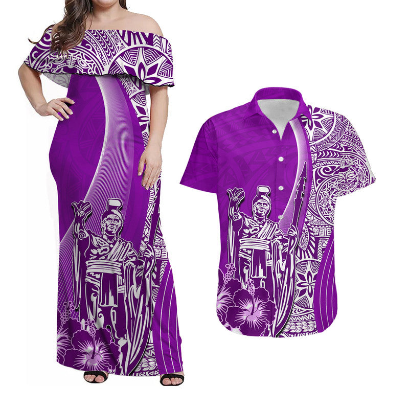 Polynesian Couple Outfits Hawaiian King Kamehameha Combo Dress And Shirt Vibe Purple Style