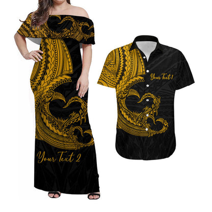 (Custom Personalised) Matching Outfits For Couples Polynesian Valentine Combo Dress And Shirt Heart Tattoo Gold Style