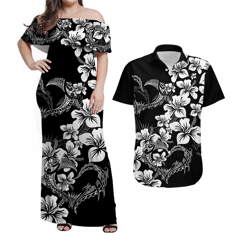 Matching Outfits For Couples Polynesian Valentine Combo Dress And Shirt Hibiscus Flowers White Style