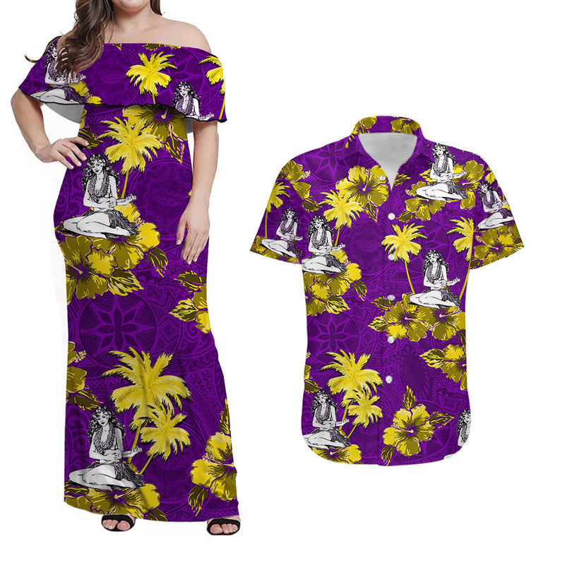 Hawaiian Matching Couple Outfits Hawaii Summer Hula Girl Hibicus Flower Dress And Hawaiian Shirt No.6