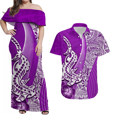 Hawaii Matching Clothes For Couples Hawaiian Shark Polynesian Combo Dress And Shirt Vibe Purple Style