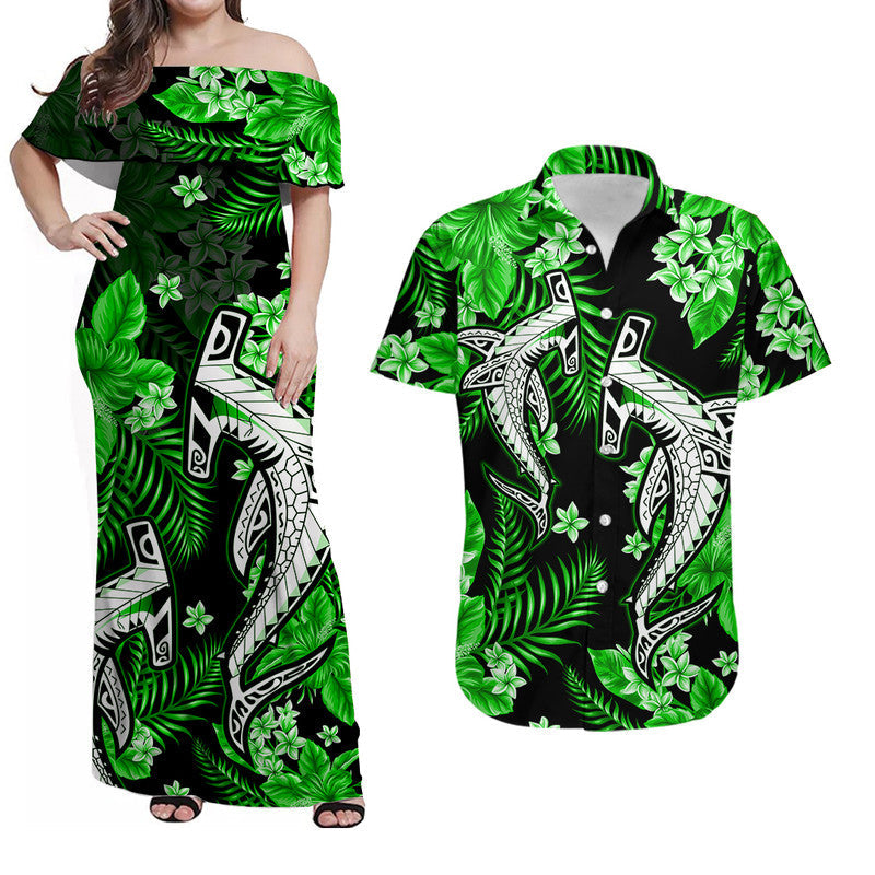 Hawaiian Matching Outfits For Couples Hawaii Summer Colorful Shark Combo Dress And Shirt Green