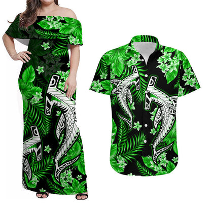 Hawaiian Matching Outfits For Couples Hawaii Summer Colorful Shark Combo Dress And Shirt Green