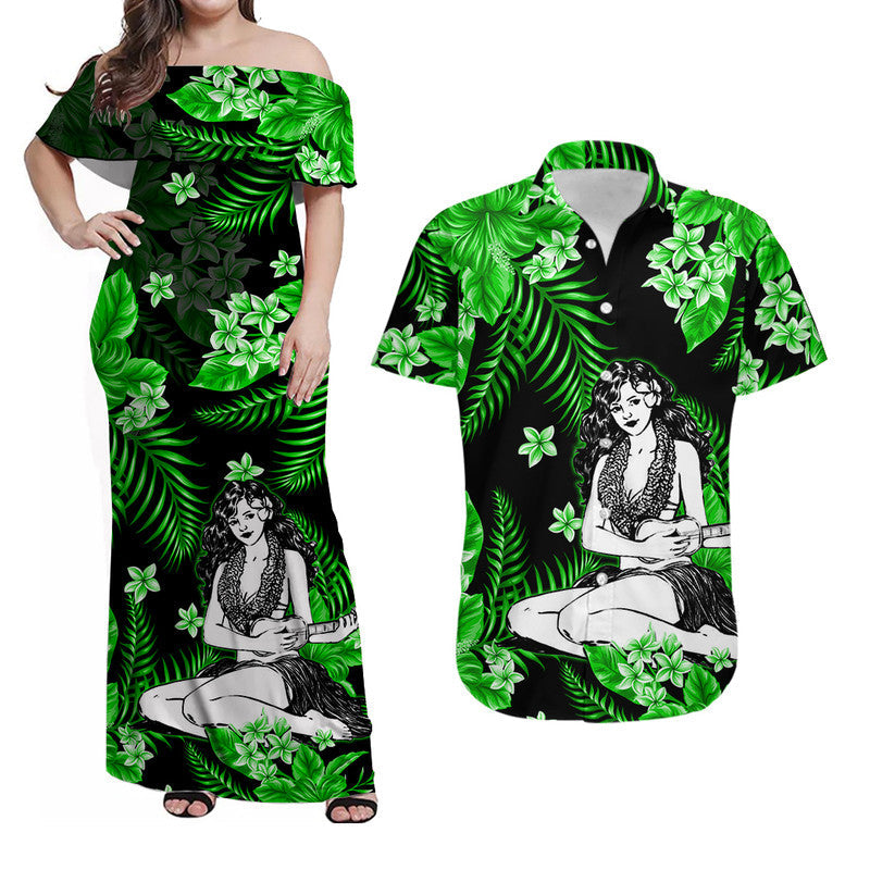 Hawaii Matching Clothes For Couples Hawaii Summer Colorful Hula Girl Combo Dress And Shirt Green