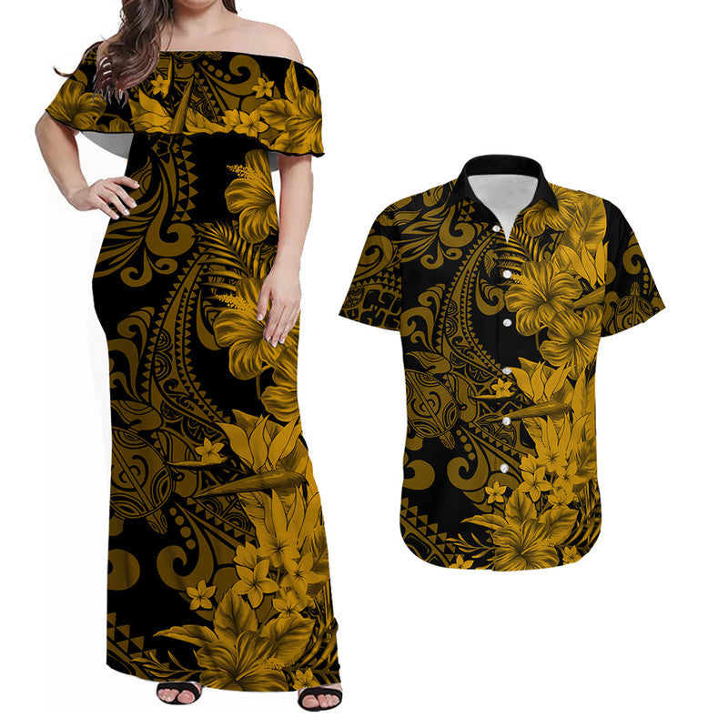 Hawaiian Matching Outfits For Couples Hawaii Flowers Mix Tribal Pattern Combo Dress And Shirt Gold