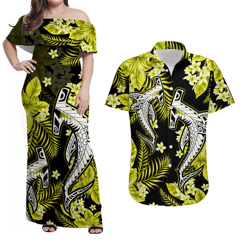 Hawaiian Matching Outfits For Couples Hawaii Summer Colorful Shark Combo Dress And Shirt Yellow