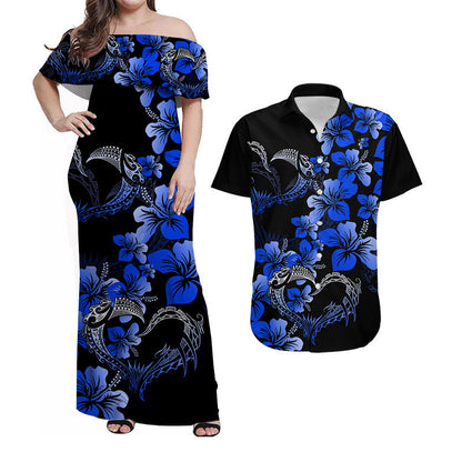 Matching Outfits For Couples Polynesian Valentine Combo Dress And Shirt Hibiscus Flowers Blue Style