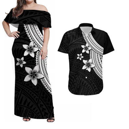 Polynesian Combo Dress And Shirt With Plumeria Flower White