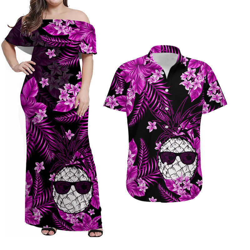 Hawaiian Matching Outfits For Couples Hawaii Summer Colorful Pineapple Combo Dress And Shirt Purple