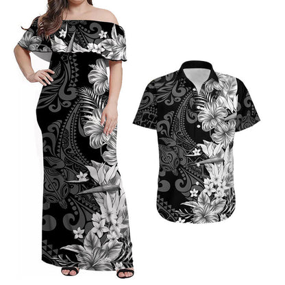 Hawaiian Matching Outfits For Couples Hawaii Flowers Mix Tribal Pattern Combo Dress And Shirt White