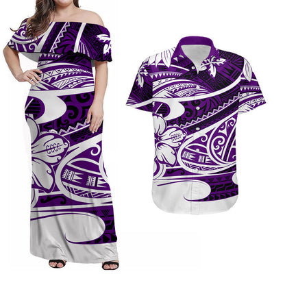 Matching Outfits For Couples Polynesian Tribal Combo Dress And Shirt Purple
