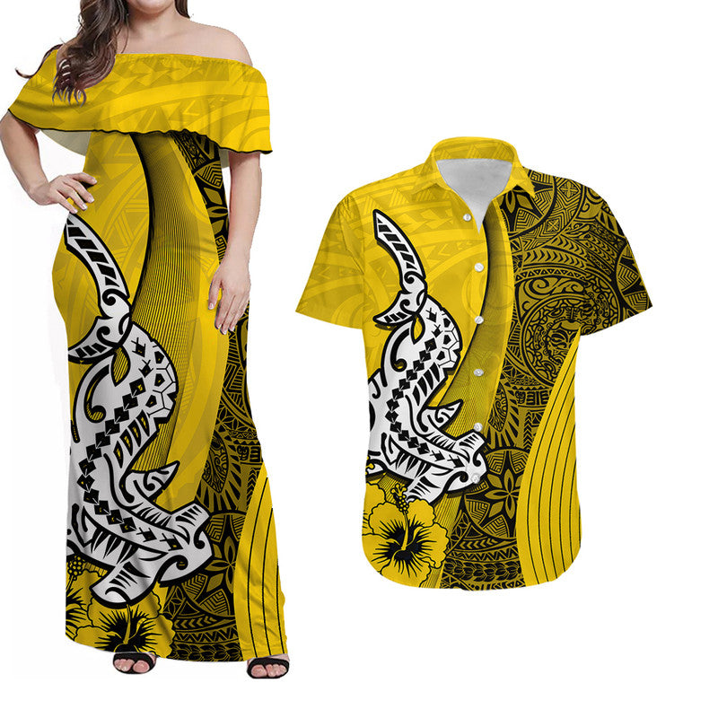 Matching Outfits For Couples Hawaiian Shark Polynesian Combo Dress And Shirt Vibe Yellow Style
