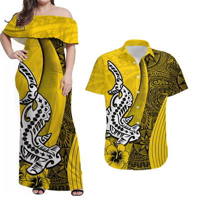Matching Outfits For Couples Hawaiian Shark Polynesian Combo Dress And Shirt Vibe Yellow Style