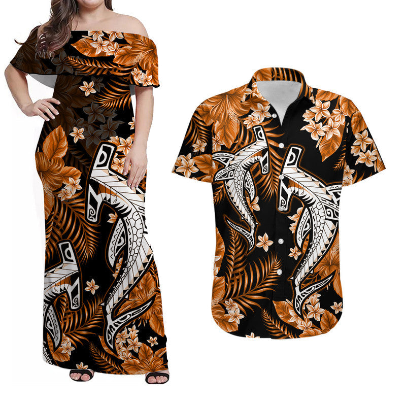 Hawaii Matching Clothes For Couples Hawaii Summer Colorful Shark Combo Dress And Shirt Orange