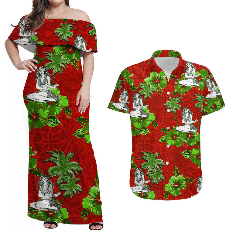 Hawaiian Outfits For Couples Hawaii Summer Hula Girl Combo Dress And Shirt No.8