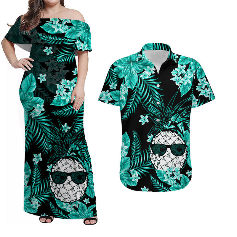 Polynesian Couple Outfits Hawaii Summer Colorful Pineapple Combo Dress And Shirt Turquesa