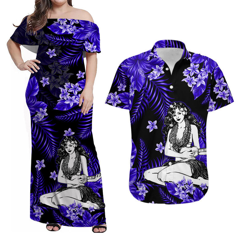 Hawaiian Matching Outfits For Couples Hawaii Summer Colorful Hula Girl Combo Dress And Shirt Dark Blue