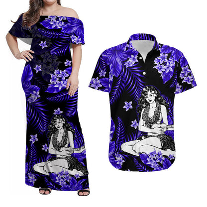Hawaiian Matching Outfits For Couples Hawaii Summer Colorful Hula Girl Combo Dress And Shirt Dark Blue
