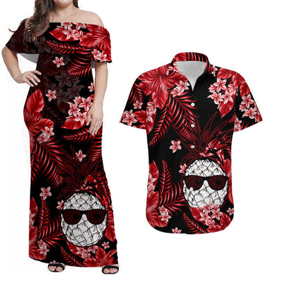 Hawaiian Matching Outfits For Couples Hawaii Summer Colorful Pineapple Combo Dress And Shirt Red