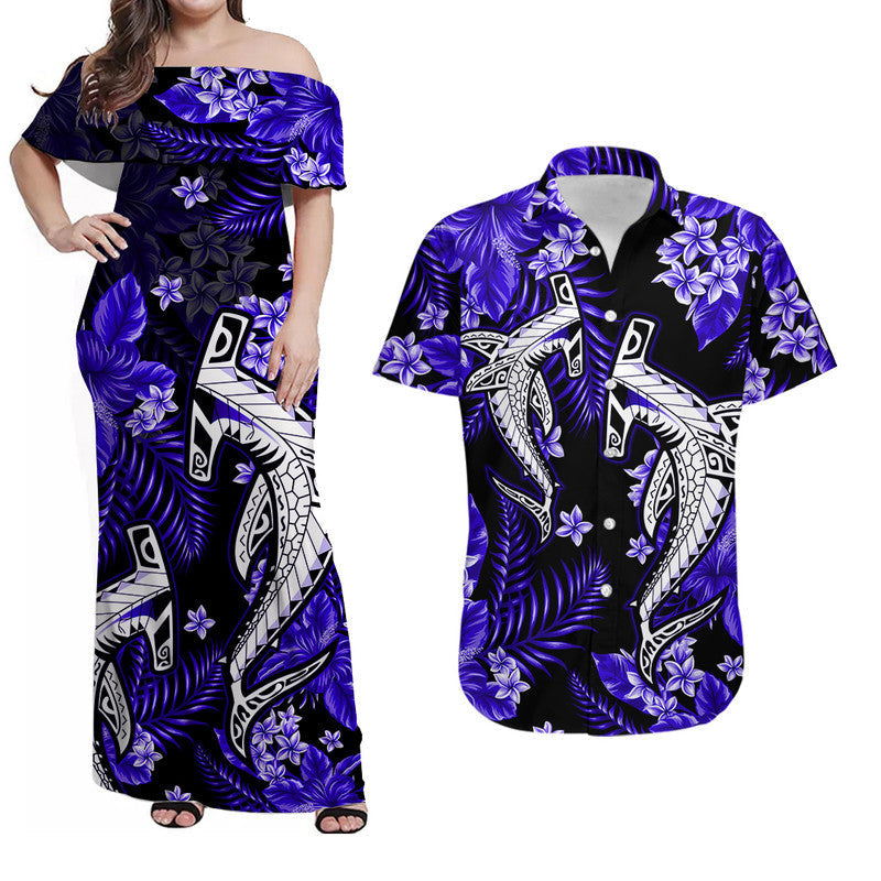 Hawaiian Matching Outfits For Couples Hawaii Summer Colorful Shark Combo Dress And Shirt Dark Blue