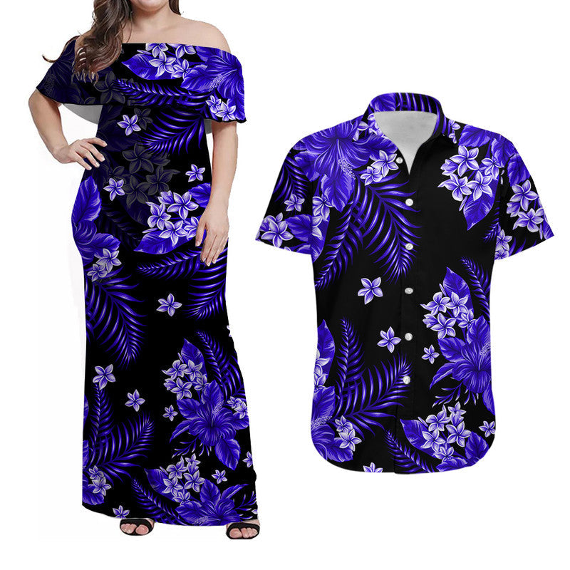 Hawaiian Matching Outfits For Couples Hawaii Summer Colorful Combo Dress And Shirt Dark Blue