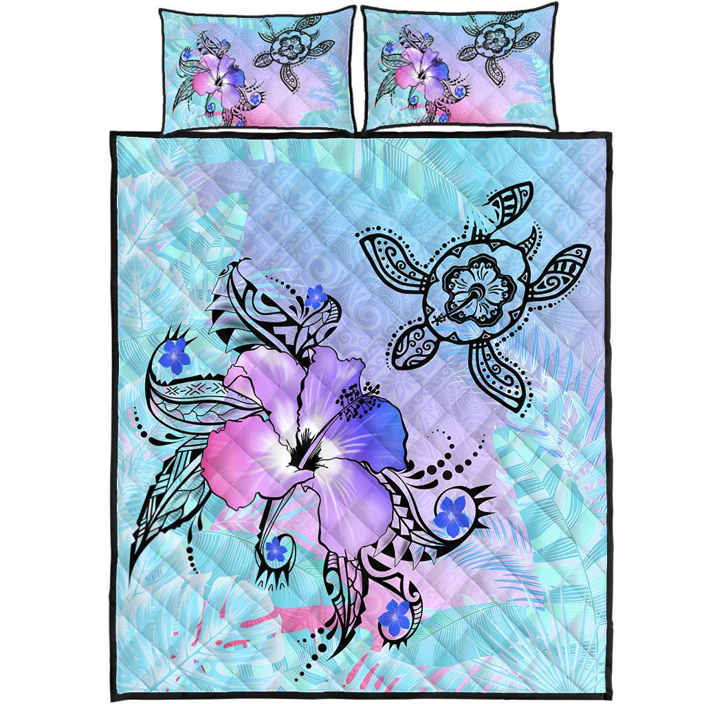 Hawaii Turtle Flowers And Palms Retro Quilt Bed Set Blue Pink AH
