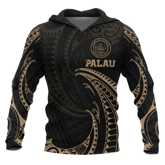 Palau Polynesian Hoodie Gold Tribal Wave