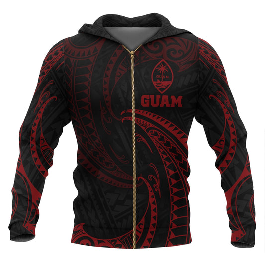 Guam Polynesian Zip Up Hoodie Red Tribal Wave
