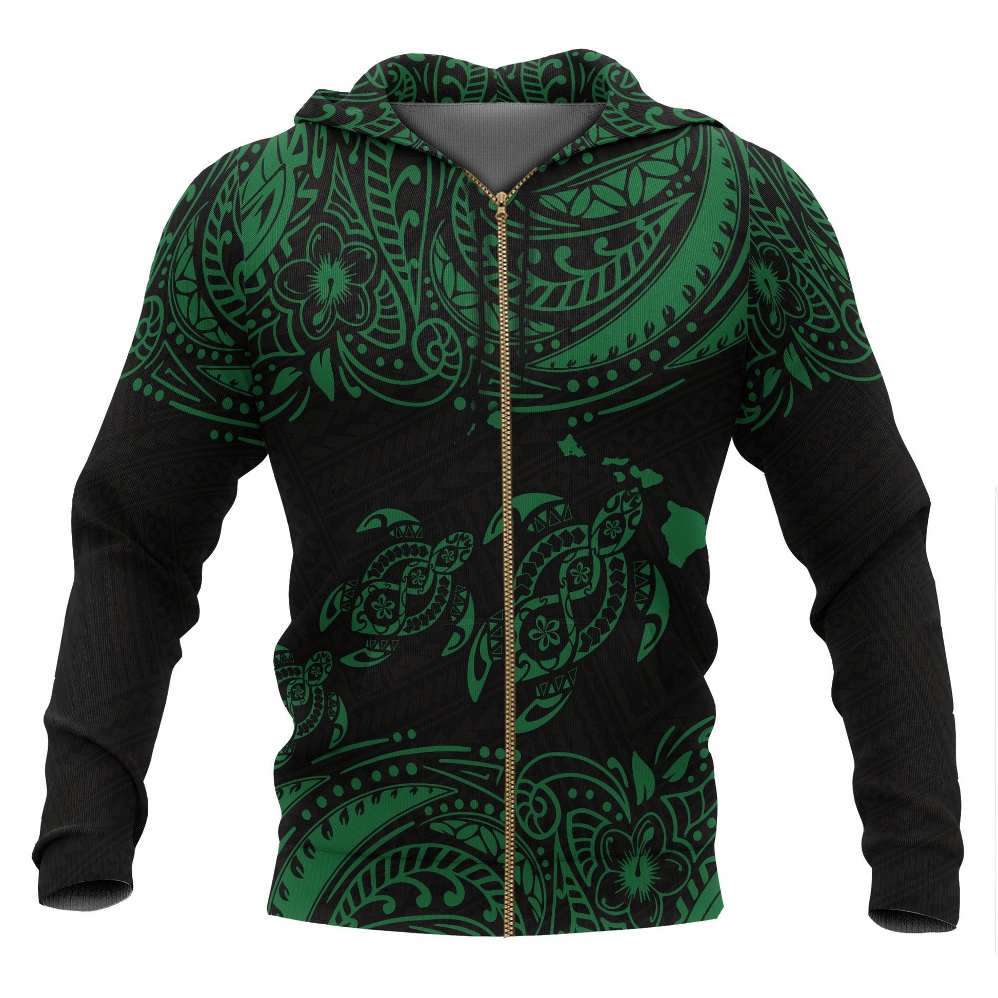Hawaii Polynesian All Over Zip Up Hoodie Green Sea Turtle