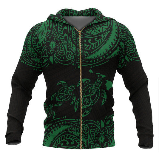 Hawaii Polynesian All Over Zip Up Hoodie Green Sea Turtle