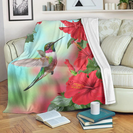 Hawaii Hummingbird Red Hibiscus Premium Blanket AH