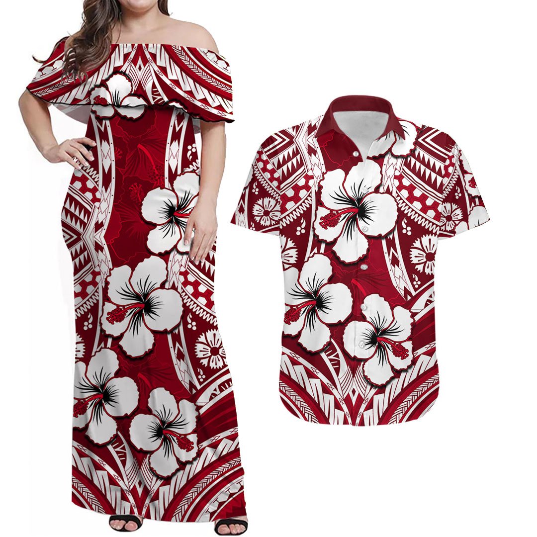 Matching Outfits For Couples Hibiscus Combo Dress And Shirt Fiji Patterns Red