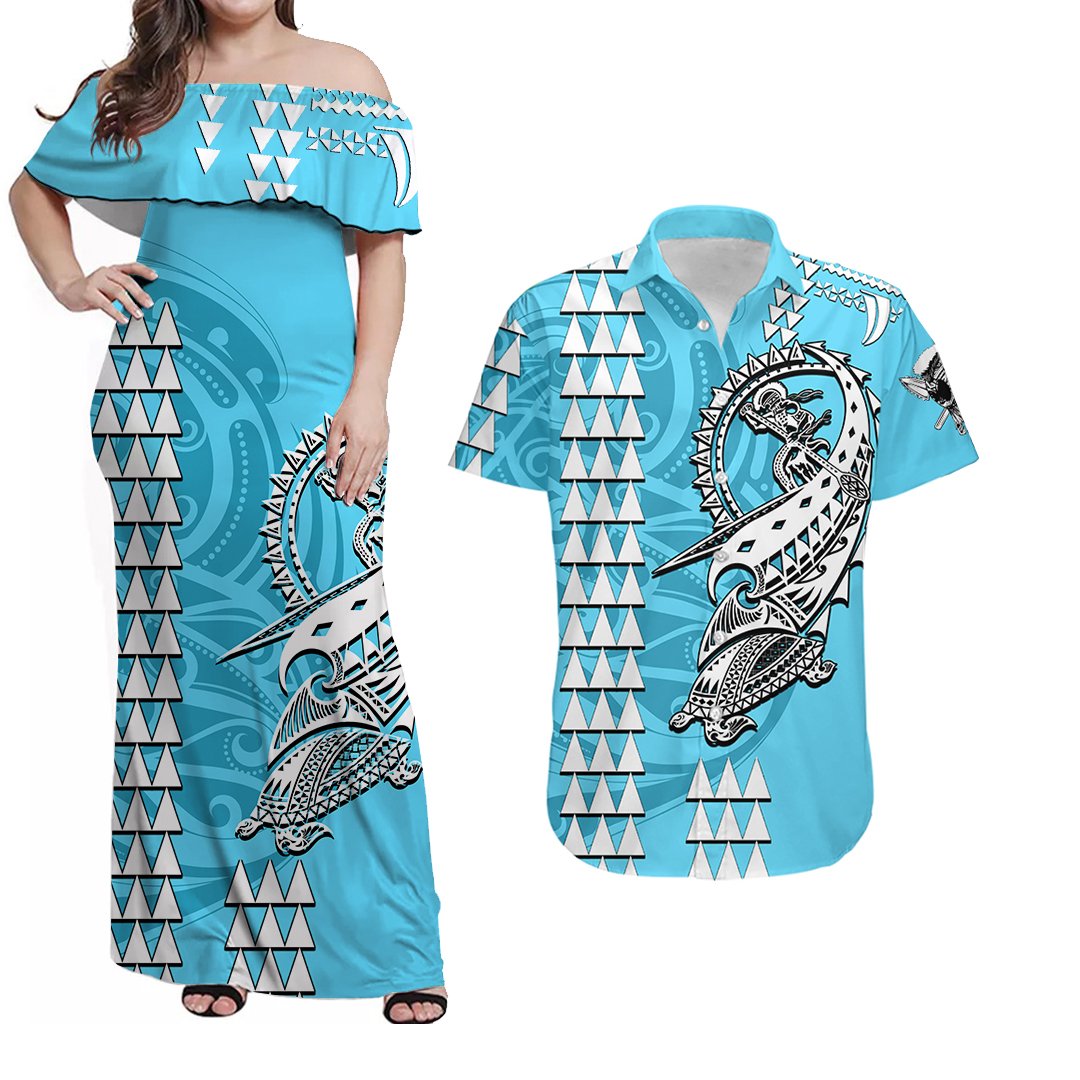 Hawaii Matching Clothes For Couples Hawaii Polynesian Warrior Kakau Combo Dress And Shirt Sky Blue