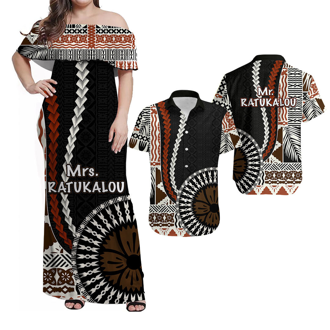 (RATUKALOU) Bula Fiji Combo Dress And Shirt Masi Tapa Patterns Style