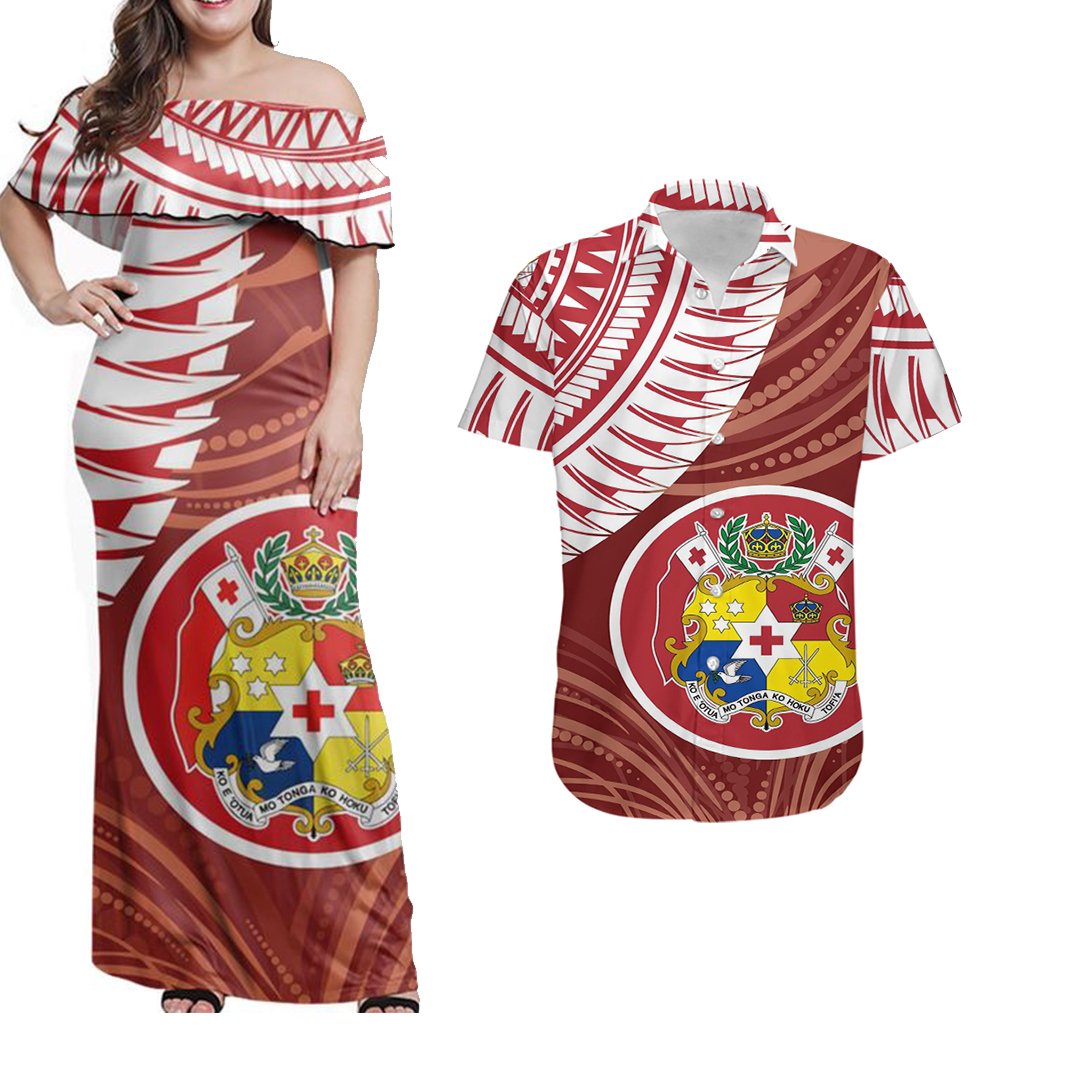 Matching Outfits For Couples Sila Tonga Polynesian Wing Red Combo Dress And Shirt