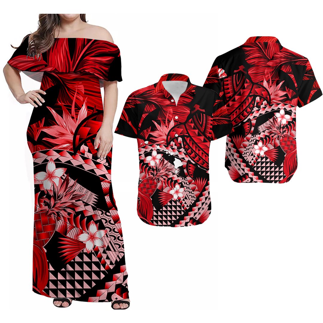 Matching Outfits For Couples Polynesian Hawaiian With Turrtle Combo Dress And Shirt No.6