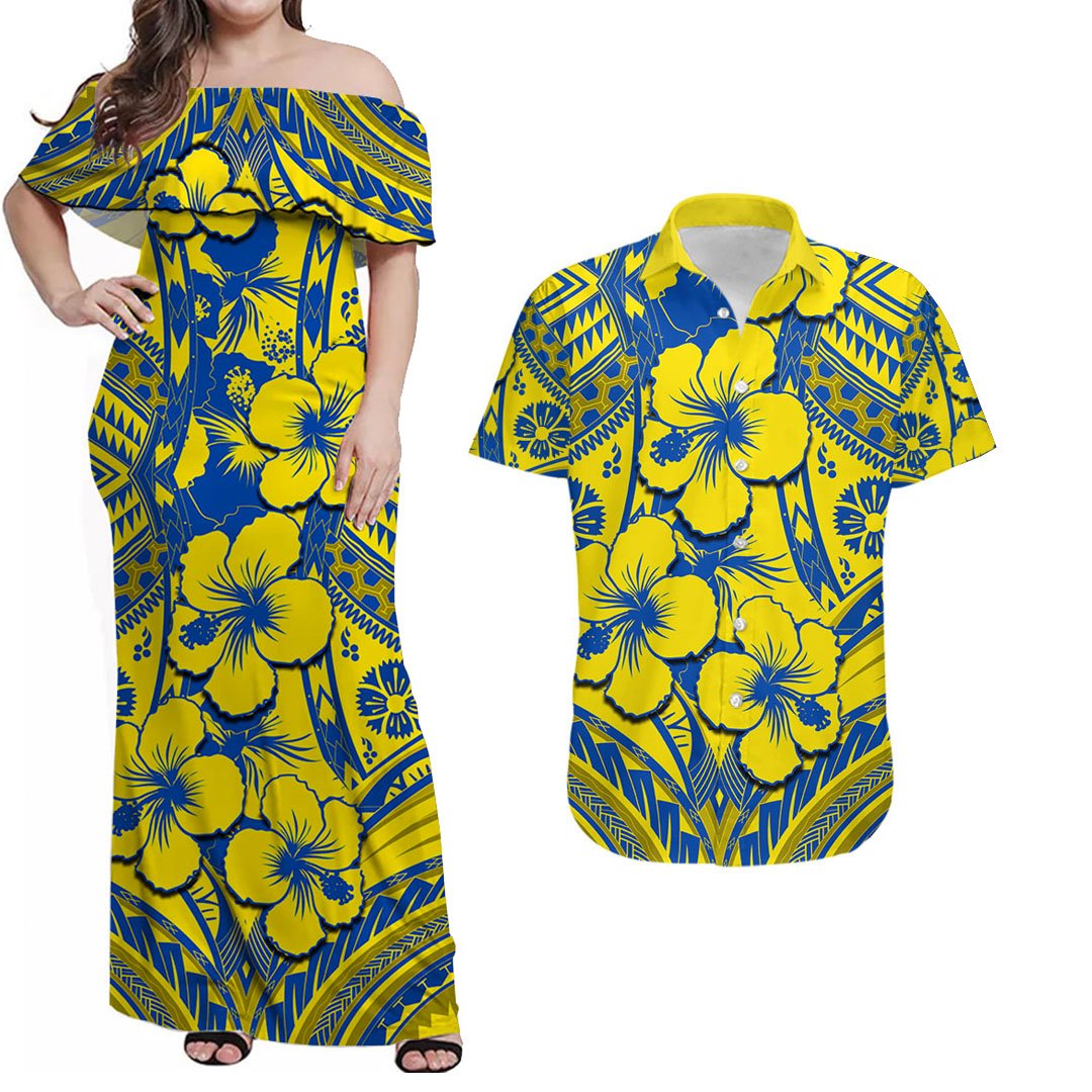 Matching Outfits For Couples Hibiscus Combo Dress And Shirt Fiji Patterns Yellow