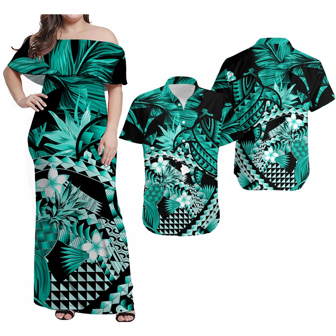 Hawaii Matching Outfits For Couples Polynesian Hawaiian With Turrtle Combo Dress And Shirt No.7