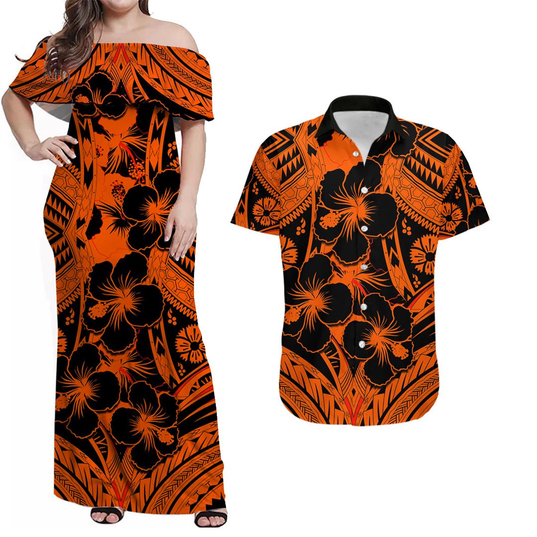 Matching Outfits For Couples Hibiscus Combo Dress And Shirt Fiji Patterns Orange