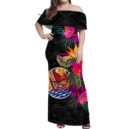 Tahiti Hibiscus Polynesian Tribal Women Off Shoulder Long Dress