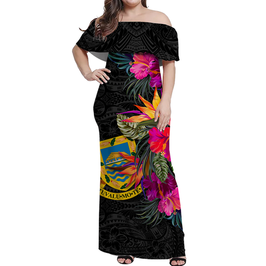 Tuvalu Hibiscus Polynesian Tribal Women Off Shoulder Long Dress