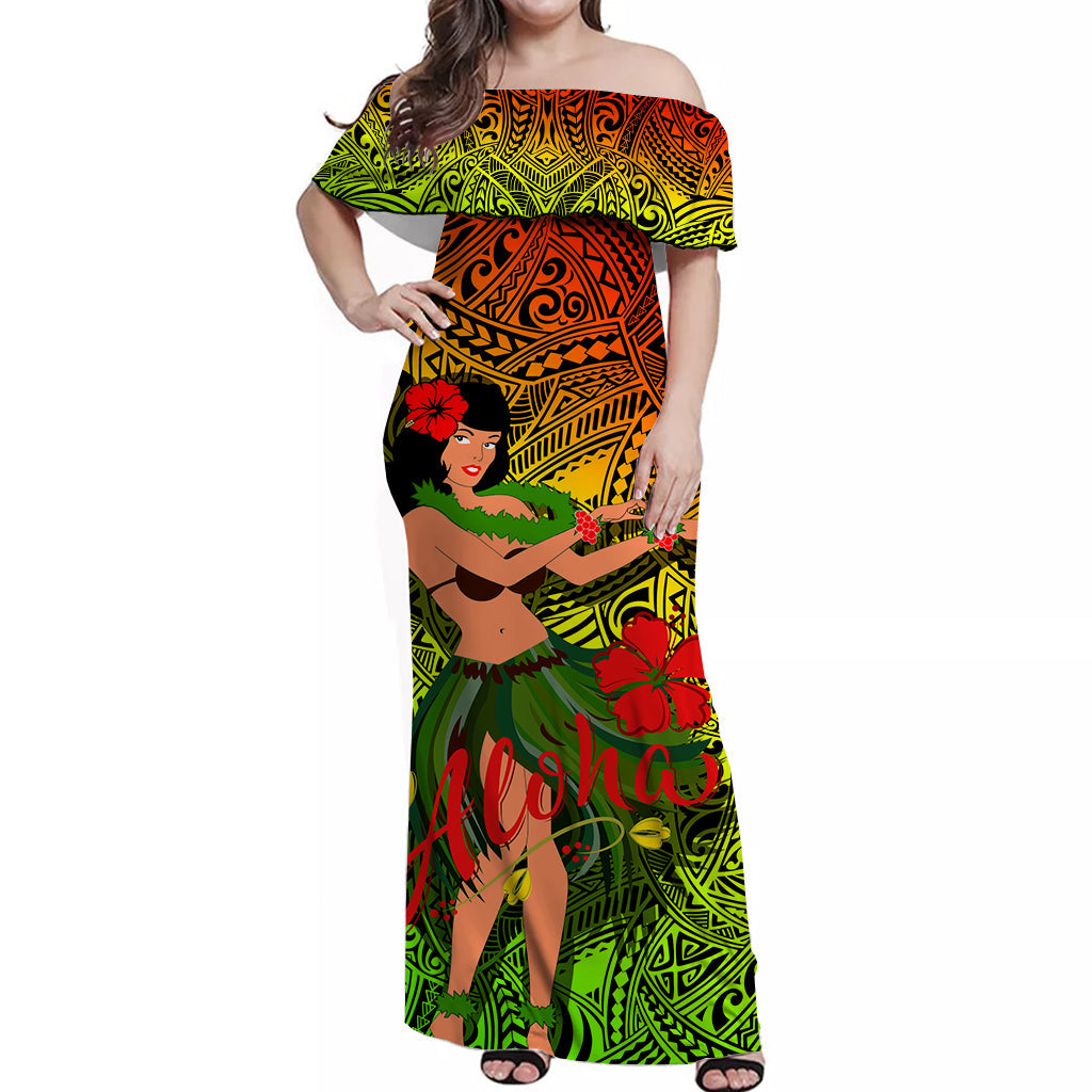 Hawaii Hula Girl Reggae Off Shoulder Long Dress