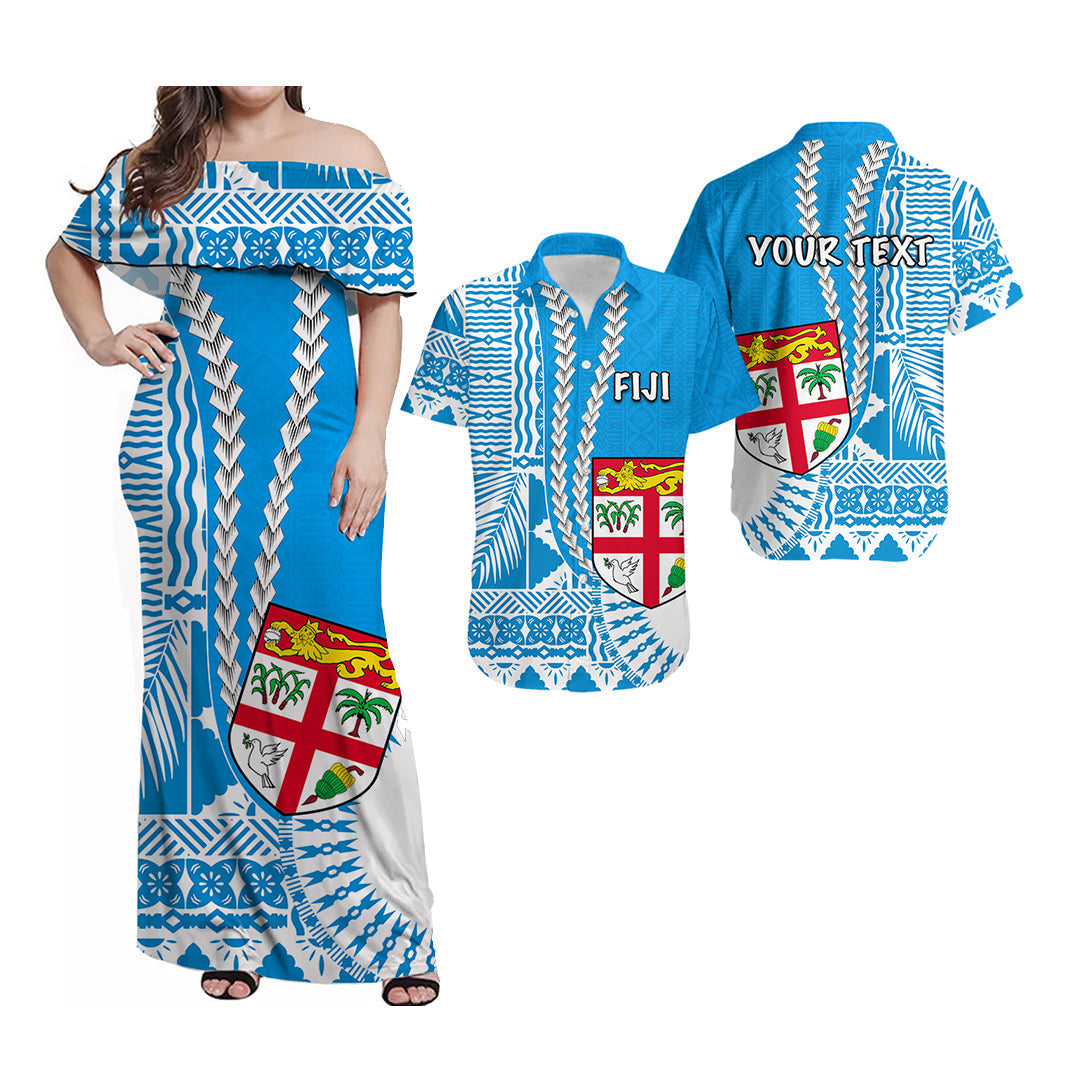 (Custom Personalised) Fiji Matching Outfit For Couple Combo Dress And Shirt Masi Tapa Patterns Blue Style