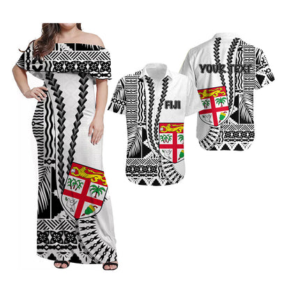 (Custom Personalised) Fiji Matching Outfit For Couple Combo Dress And Shirt Masi Tapa Patterns White Style