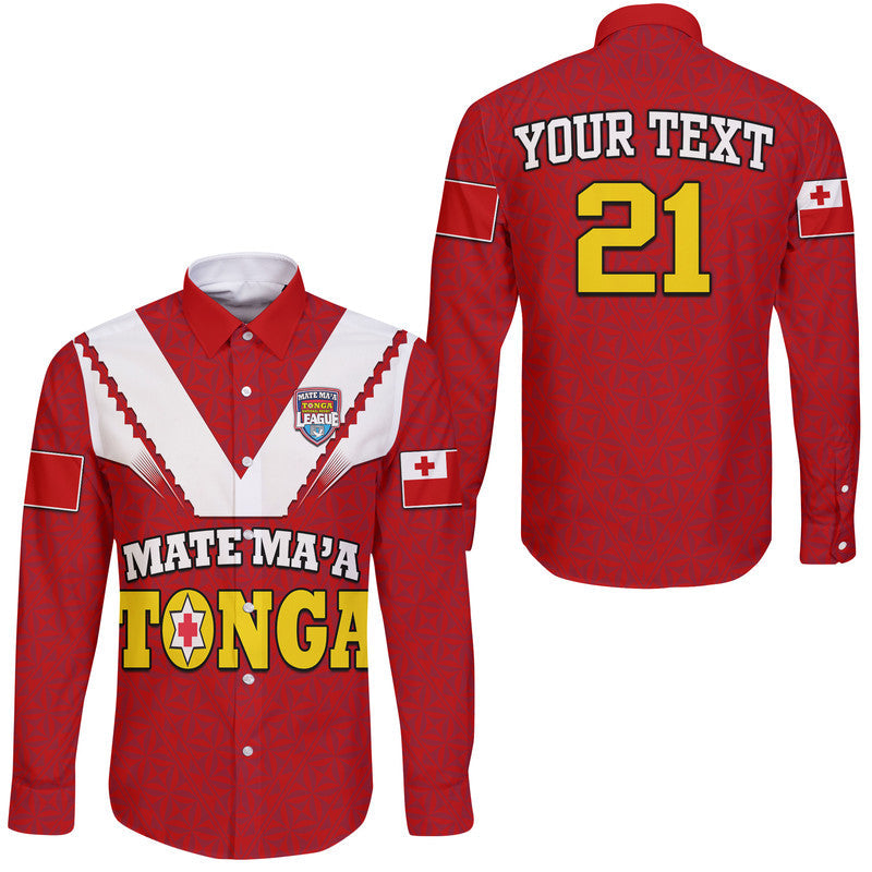 (Custom Personalised) Mate Ma'a Tonga Rugby Hawaii Long Sleeve Button Shirt Tongan Kupesi Red Style