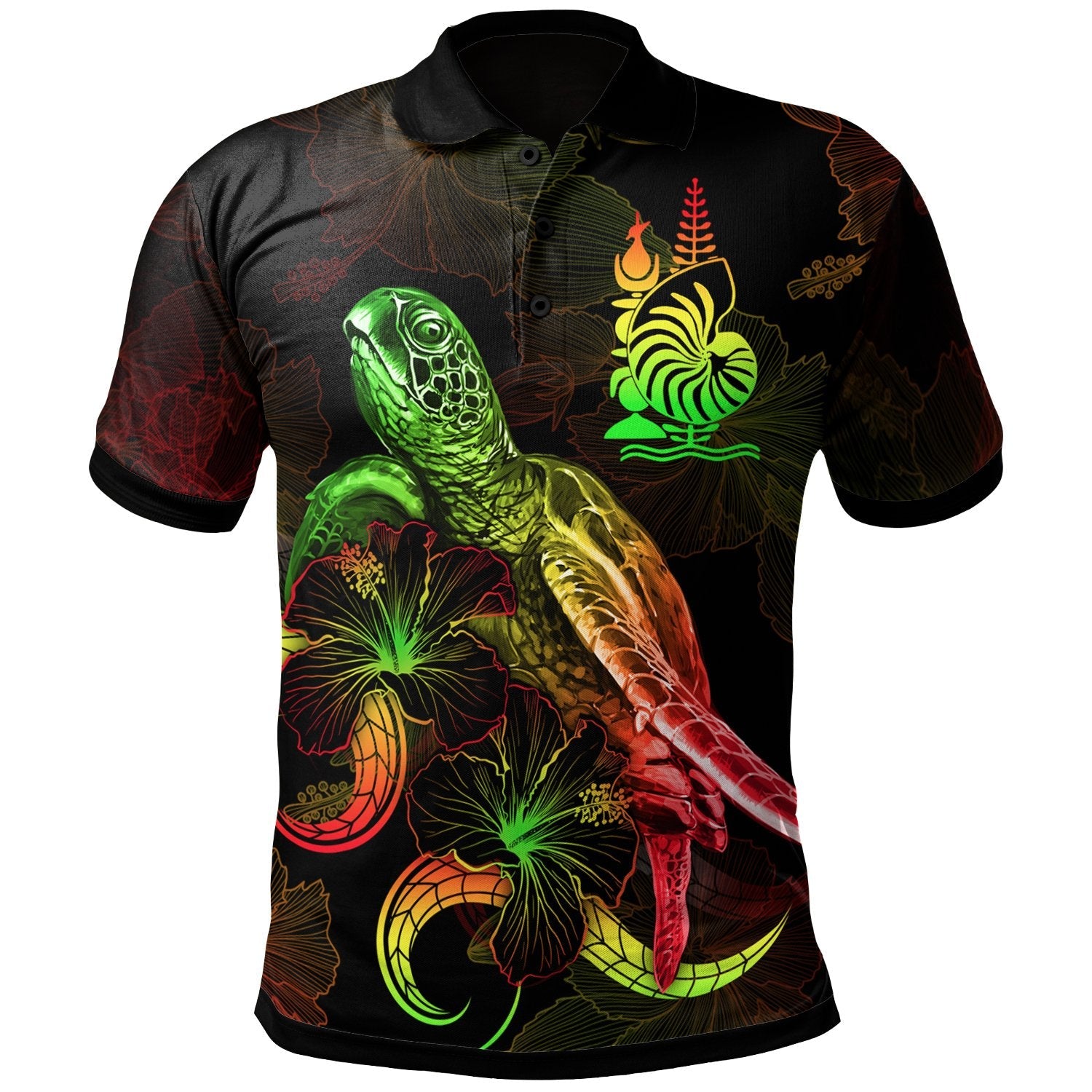 New Caledonia Polynesian Polo Shirt - Turtle With Blooming Hibiscus Reggae