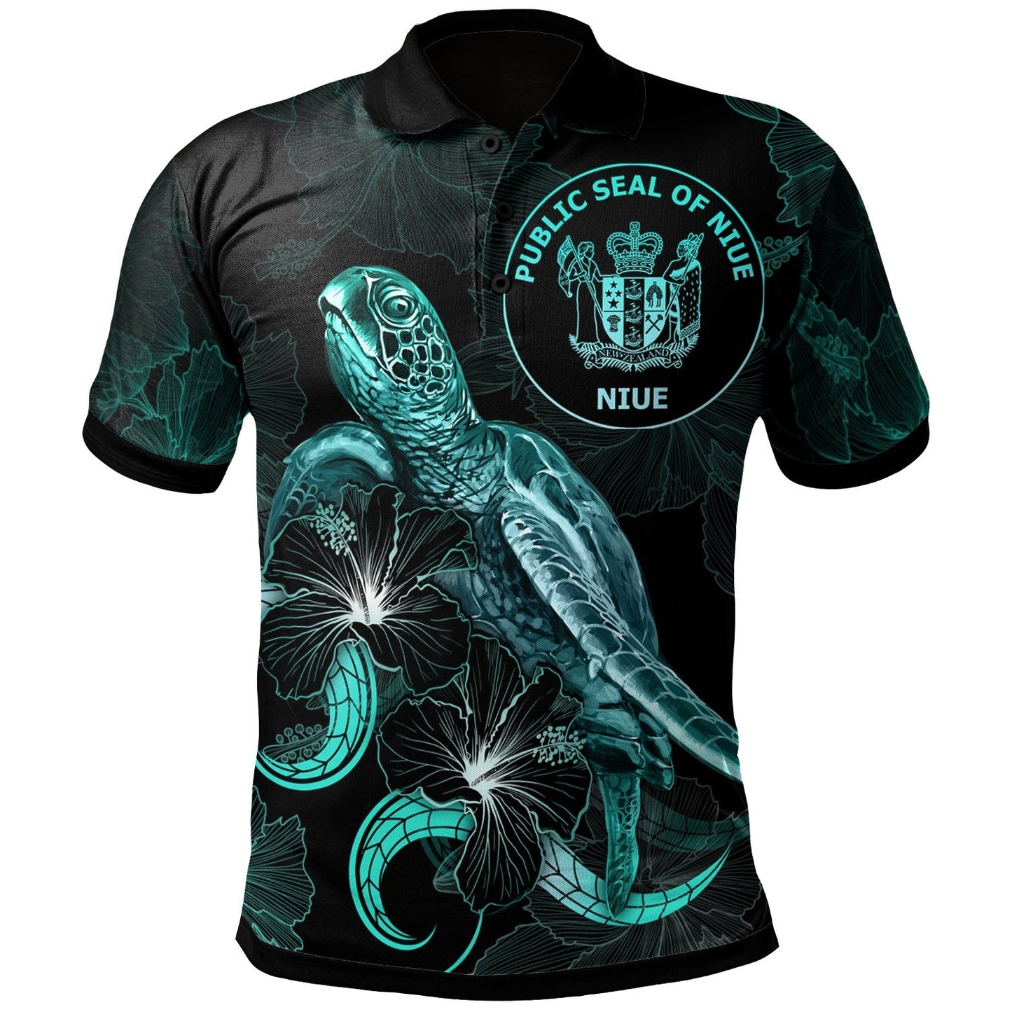 Niue Polynesian Polo Shirt - Turtle With Blooming Hibiscus Turquoise