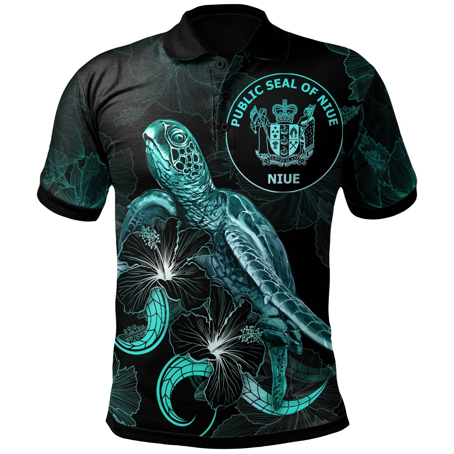 Niue Polynesian Polo Shirt - Turtle With Blooming Hibiscus Turquoise