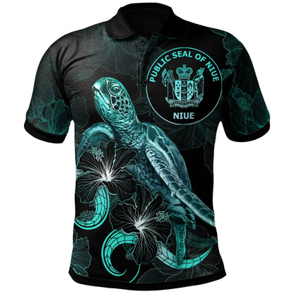 Niue Polynesian Polo Shirt - Turtle With Blooming Hibiscus Turquoise