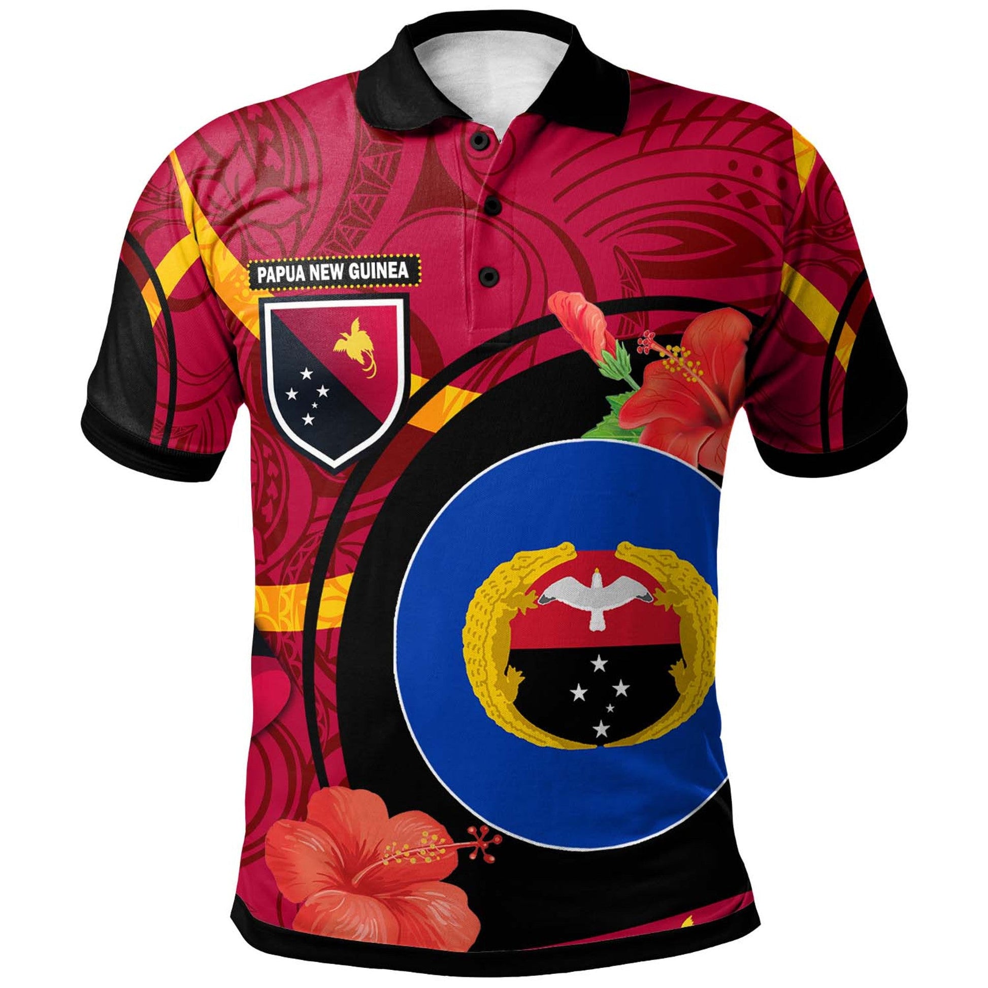 Papua New Guinea Polo Shirt - Gulf Province Flag of PNG with Hibicus and Polynesian Culture Polo Shirt